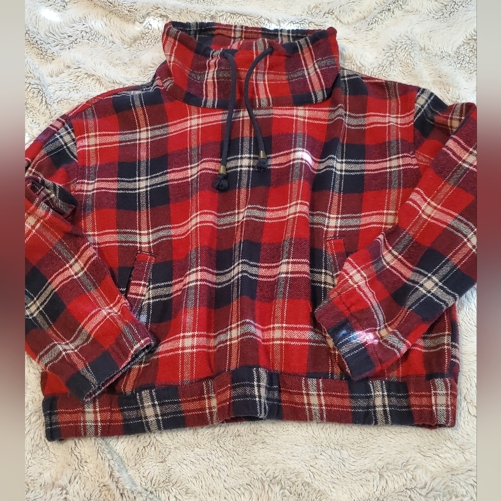 Forever 21 Flannel Pullover Women Red & Navy Plaid Cowl Neck Long Sleeve Sz S - Picture 2 of 8